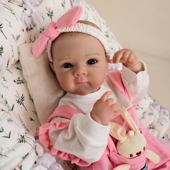 🆕18Inch Realistic Full Vinyl Body Newborn Girl Pink Overalls Bunny Accessory - Picture 5 of 5